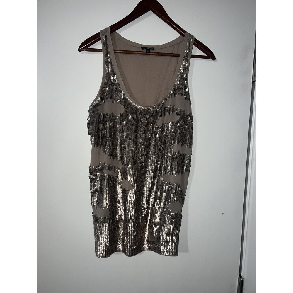 Express Boutique Tank Top Women Med Taupe‎ Brown Sequined Front Concert